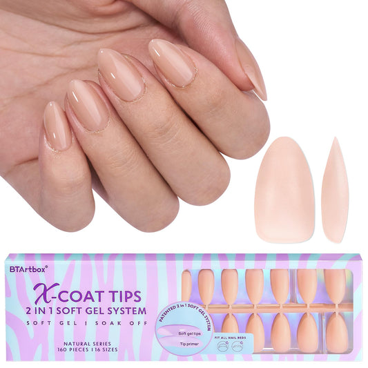BTArtbox Short Almond Gel Nail Tips - Soft Gel XCOATTIPS Natural Press On Nails, Pre-colored Gel Nails Full Cover Fake Nails Nude for for Daily Nail Art