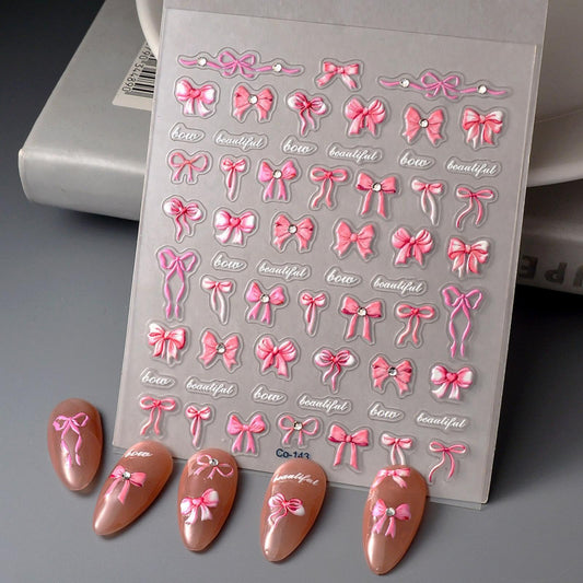 5D Embossed Bow Nail Stickers Pink Bowknot Nail Art Stickers with Rhinestone Design Bow Nail Decals for Women Girls Acrylic Nails DIY Manicure Nail Supplies