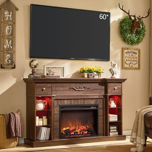 IFBUY 54" Farmhouse Electric Fireplace TV Stand for 60 Inch TV, 33" Tall LED Entertainment Center w/7 Color, Open Adjustable Shelves & Drawers, 23'' Fireplace Insert Heater for Living Room, Brown
