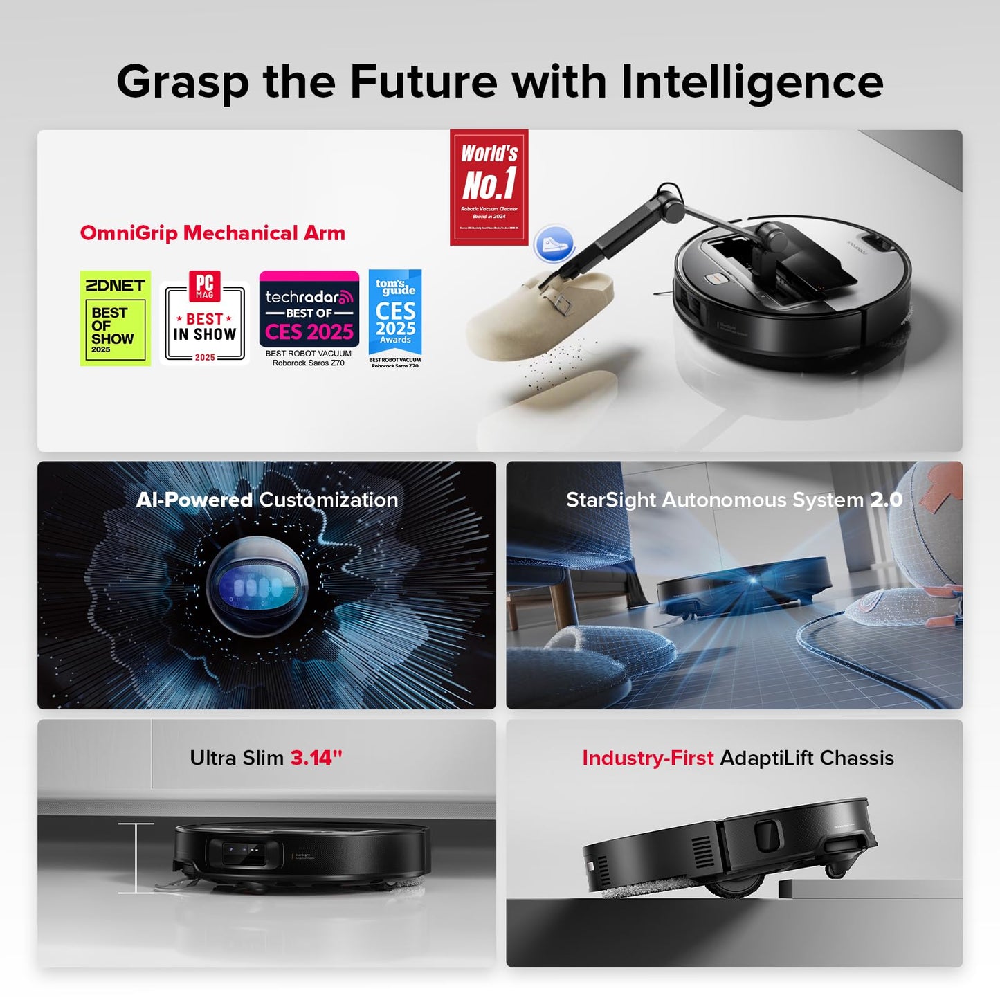 roborock Saros Z70 Robot Vacuum and Mop, OmniGrip Arm, AI-Powered, 22,000Pa Suction, 3.14’’ Ultra Slim, FlexiArm Riser Technology, AdaptiLift Chassis, Obstacle Avoidance, Auto Mop Washing & Drying