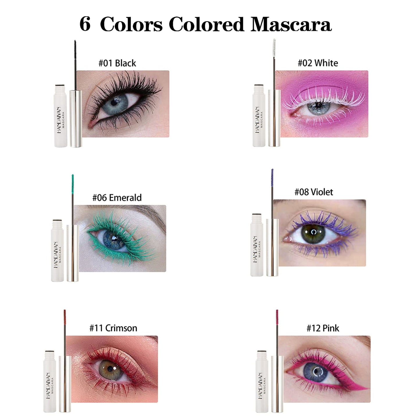 BONNIE CHOICE 6Pcs Colored Mascara Set for Eyelashes, Red Pink Purple Green White Black Colorful Mascara Waterproof Charming Long Lasting Voluminous Eye Makeup Mother's Day Gifts for Women