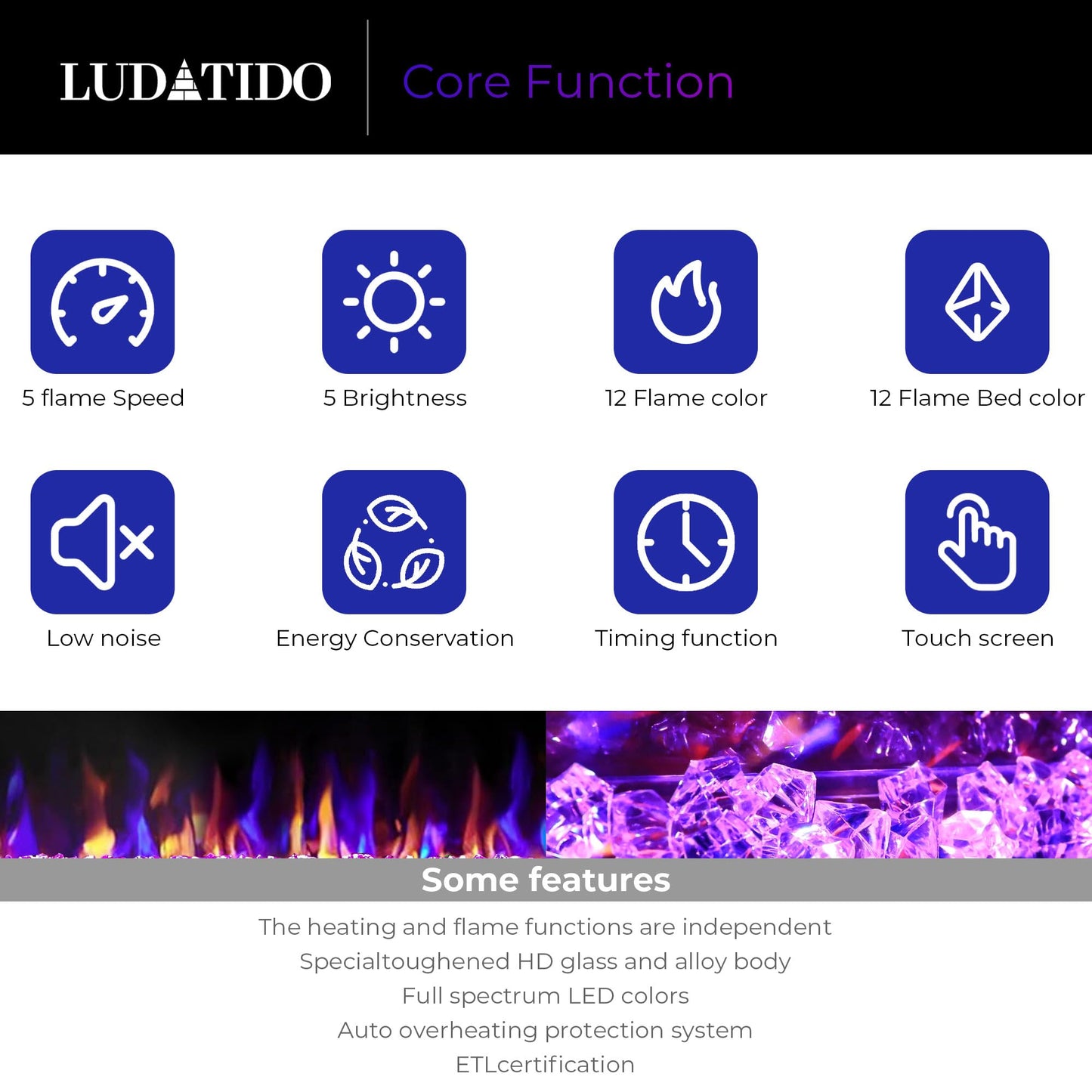 Ludatido 60 Inch Electric Fireplace Wall Mounted/Recessed, 3.2 Inch Ultra Thin Electric Fireplace Insert With1500W Heater, Multicolor Flame with Timer/Speed/Touch Screen/Remote Control