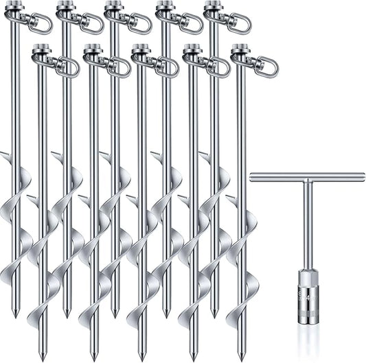 Hiboom Ground Anchor Screw Heavy Duty Earth Anchors Tent Stakes for High Wind with T Handle Hex Wrench Trampoline Hook Ground Stakes for Camping Canopies Car Ports Sheds (10 Pcs,Silver,12 Inch)