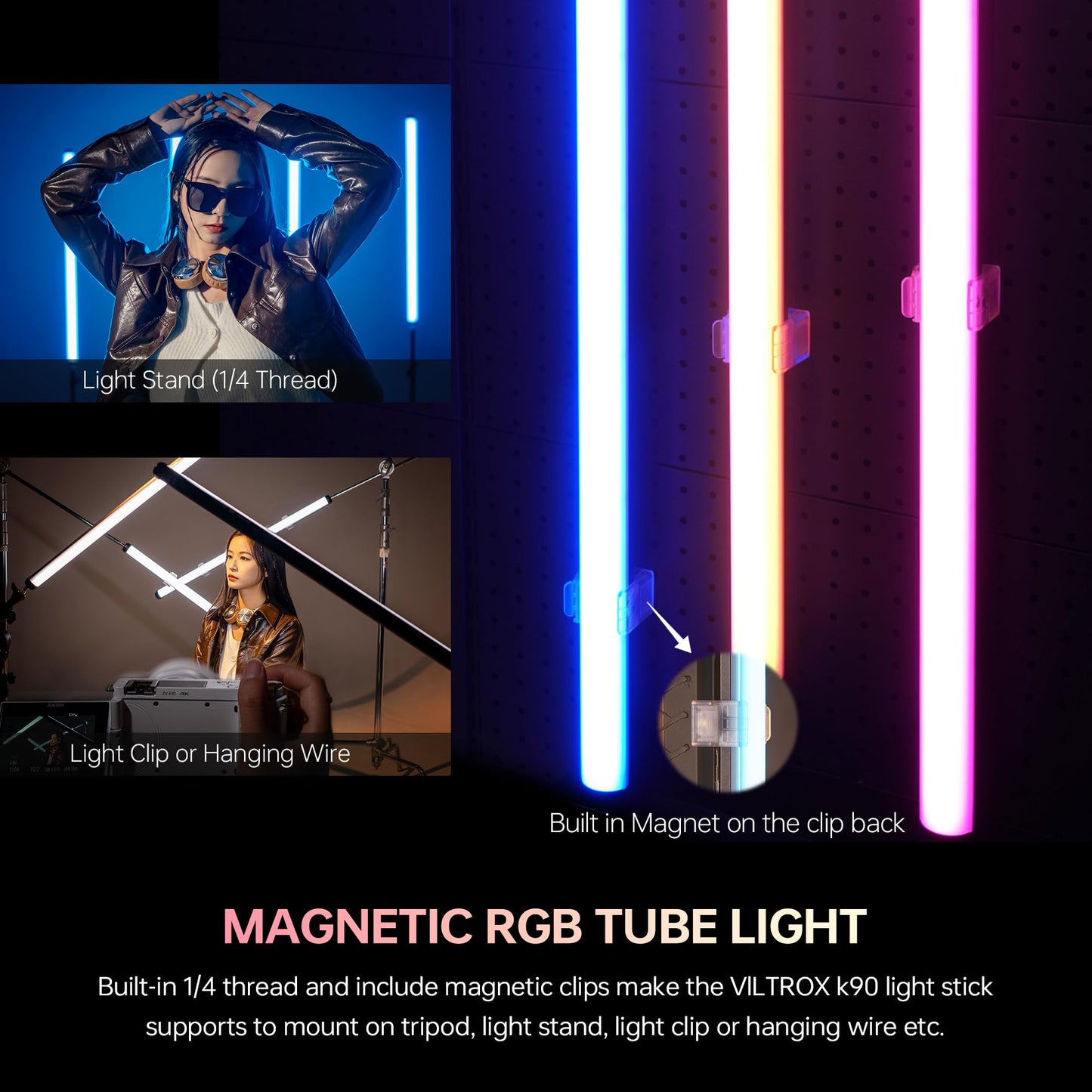 VILTROX K90 2 Pack RGB Tube Light, 30W 38inch Large RGBWY Photography LED Video Stick Light Wand with APP/2.4G/Remote Control, CRI 97+, 26 Scenes, 2500K-8500K, 14.8V/3300mAh Battery, Magnetic Chip