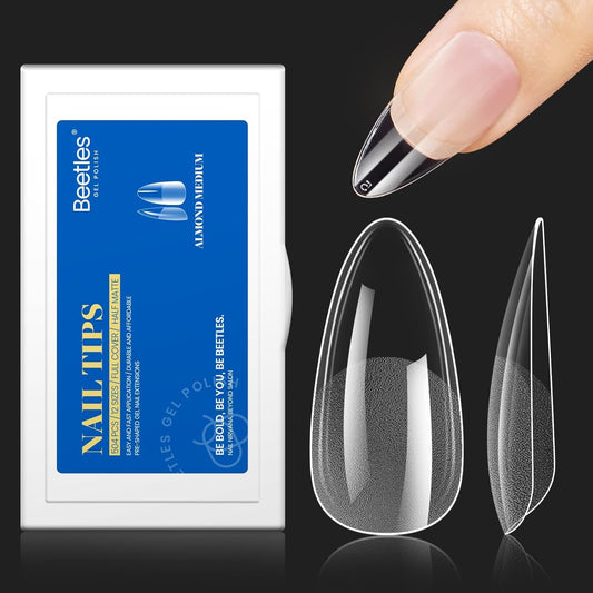 Beetles 12 Sizes Gel Nail Tips Etch Nail Tips 504Pcs Pre Filed Half Matte Medium Almond Full Cover Nail Tips False Fake Clear Acrylic Press on Nails for DIY Nail Extension and Salon Use