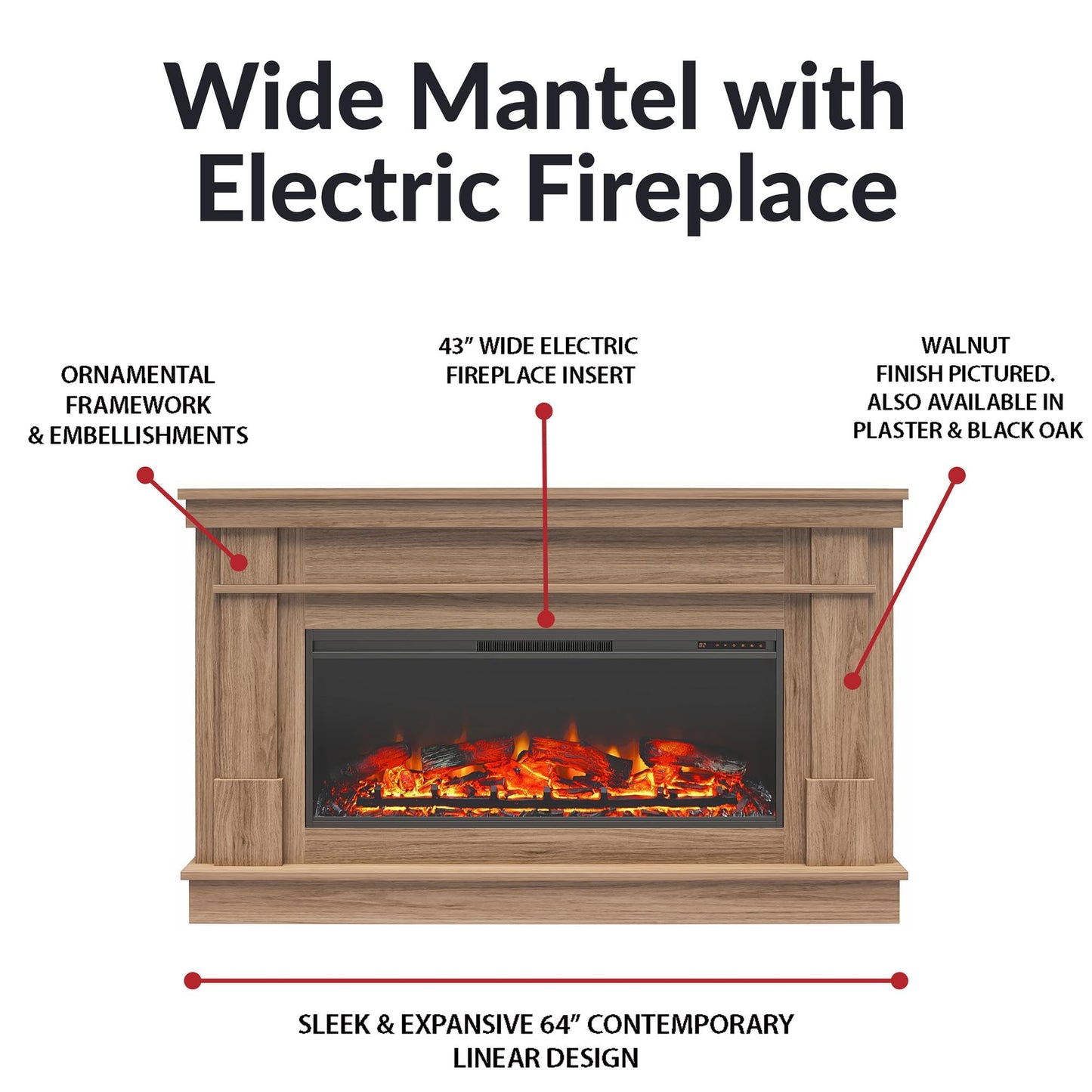 Ameriwood Home Elmcroft 64 Inch Electric Fireplace with Mantel, Replaceable Fireplace Insert Heater, Remote Control, Timer, Realistic Log and Flame Effect, for Living Room or Bedroom, Plaster