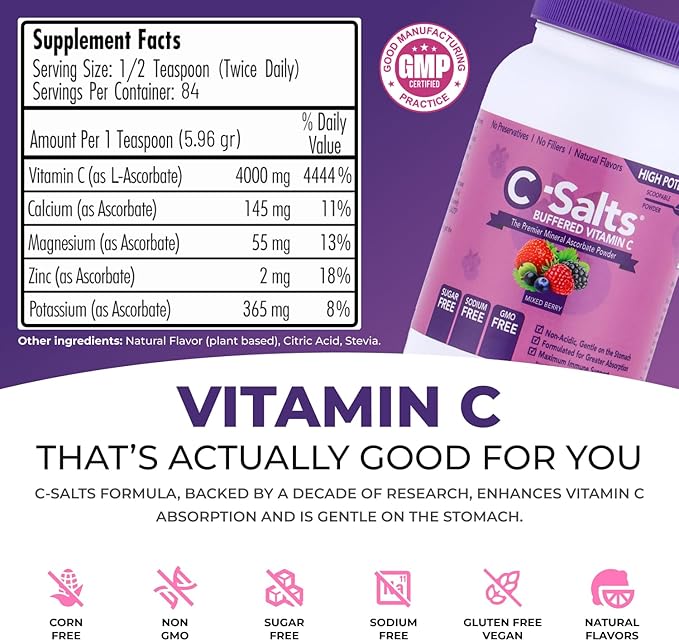 C-Salts Original Vitamin C Powder Supplement - 100% Pure High Dose Buffered Vitamin C Powder for Immune Support - Sugar-Free Powdered Drink Ascorbate, Organic, Stomach-Friendly, Mixed Berry 8oz
