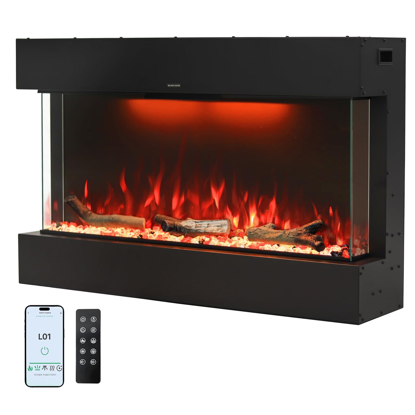 Masarflame 36" WiFi Electric Fireplace, 3-Sided Glass Fireplace Heater with Timer & Thermostat, 13×13 Flame & Fuel Bed Colors with Top Light, Adjustable Sound Volume, Log & Crystals, Work with Alex
