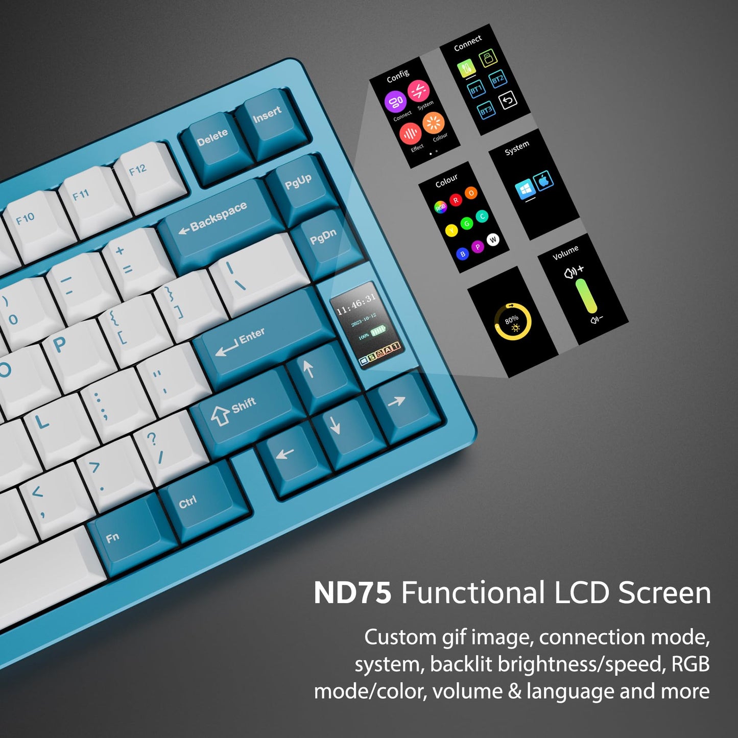 Chilkey ND75 Aluminum Keyboard 75% Percent Wireless Gaming Mechanical Keyboard with LCD Screen, Quick Assembly, BT/2.4G/USB-C, Hot Swappable Per-Key RGB Custom Blue Key Board for Laptop Office PC