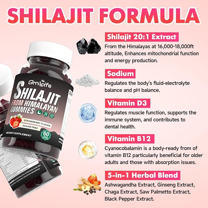 2PCS Pure Himalayan Shilajit Gummies for Men & Women, 1000MG Shilajit Supplement with 85+ Trace Minerals & Fulvic Acid for Energy, Immunity, Sugar-Free, Strawberry-120 Count