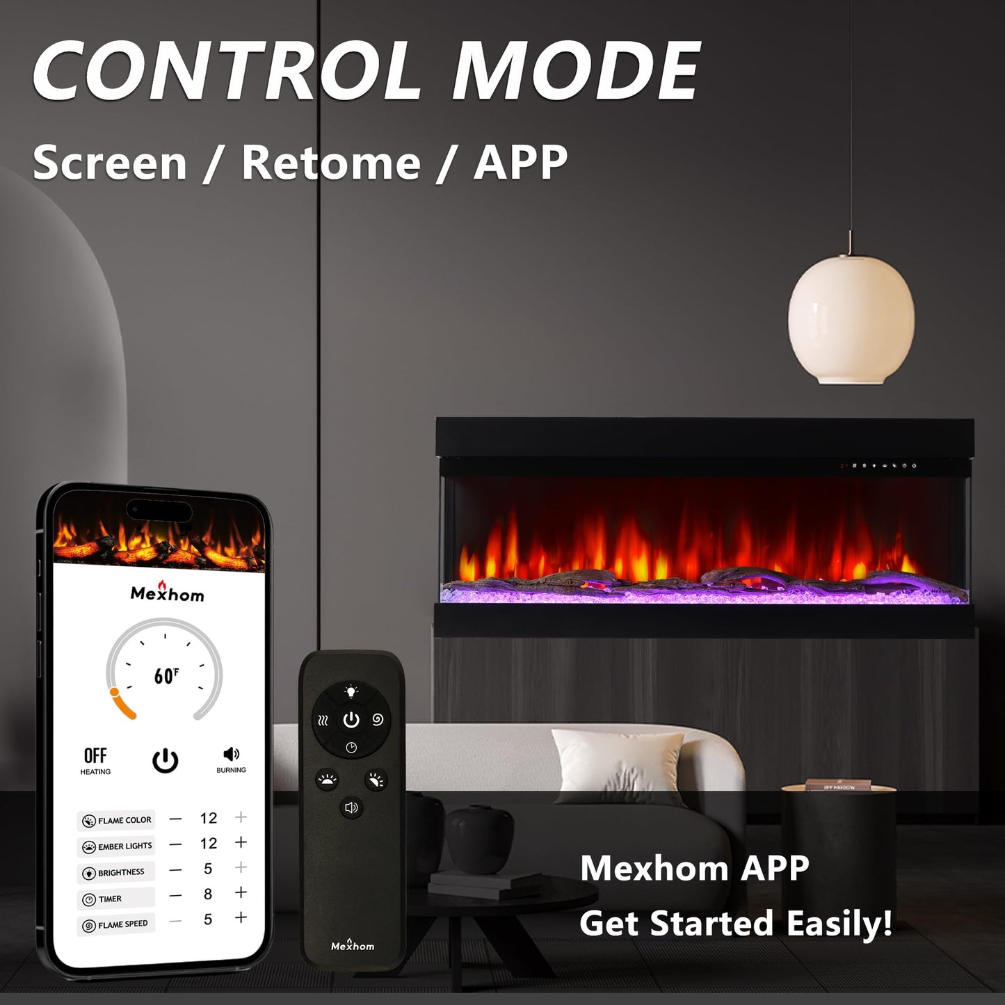 3 Sided Glass Built-in 60" Electric Fireplace - Multi-Color Flames, Heater, DIY Crystal & Log Set, Smart App & Remote Control