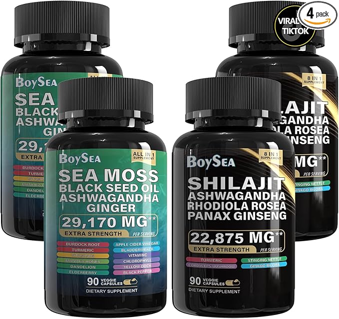 Boysea.Shilajit and Sea Moss Bundle - 90 Count - Sea Moss 7000mg, Black Seed Oil 4000mg, Ashwagandha 2000mg, Ginger & Shilajit 9000mg, Rhodiola Rosea 1000mg, All in 1 Supplements (2 Pack)