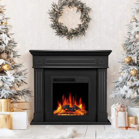 43 Inch Electric Fireplace with Mantel Wooden Surround Firebox TV Stand,FreeStanding Electric Fireplace Heater Entertainment Center,Adjustable Led Flame,750W-1500W,Black