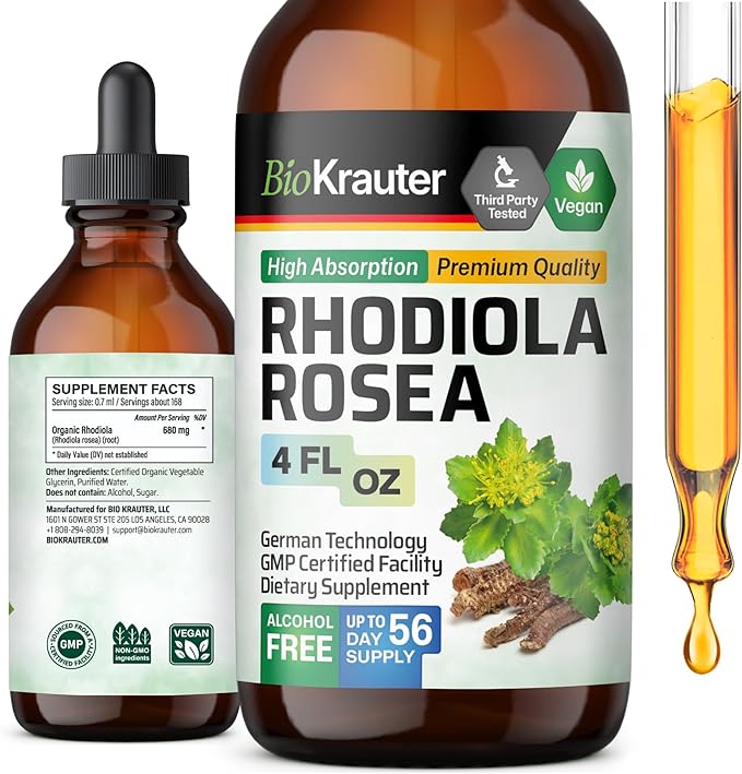 BIO KRAUTER Rhodiola Supplement Liquid - Pure Rhodiola Rosea Tincture for Calmness Support - Alcohol & Sugar Free Extract - 4 Fl.Oz.