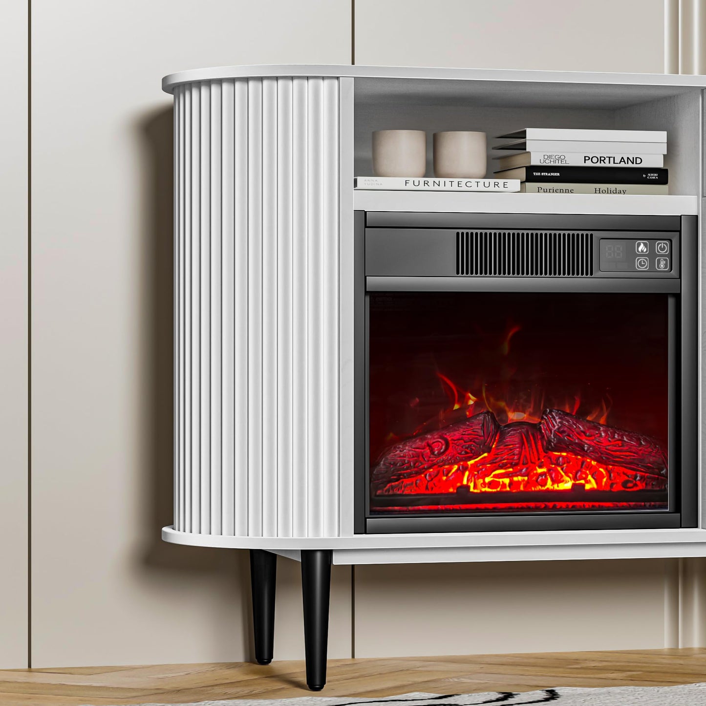 OLD CAPTAIN Electric Fireplace, 50" Electric Fireplace TV Stand, Fireplace Console with Curved Profile Design, Modern Entertainment Center with Storage, Media Console with Fireplace, White