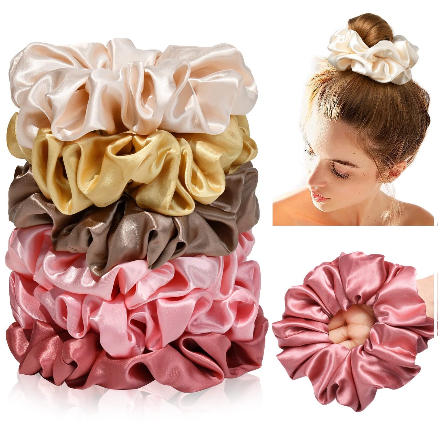 CEELGON Large Silk Satin Scrunchies for Women Big Scrunchies Jumbo Satin Hair Ties Oversized Hair Scrunchies for Thick Curly Hair Pack of 6 (Pink,Champagne,Ivory,Gold)