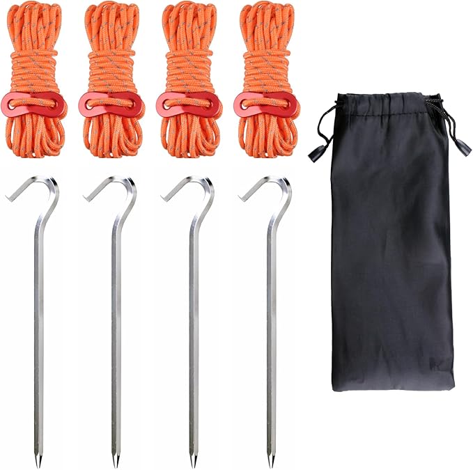 TRIWONDER Camping Tent Stakes Pegs Metal Stake for Ground with Reflective Guylines Guy Rope Adjusters Tensioner Hiking Backpacking (Orange - 4 Pack)