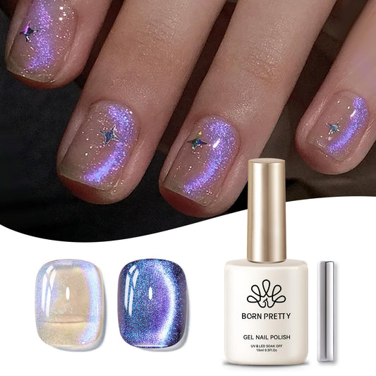 Born Pretty Cat Magnetic Eye Gel Nail Polish, Purple Auroras Cat Magnetic Gel, Mermaid Shiny Effect Soak Off Nail Art Salon Manicure Home Gift 15ml