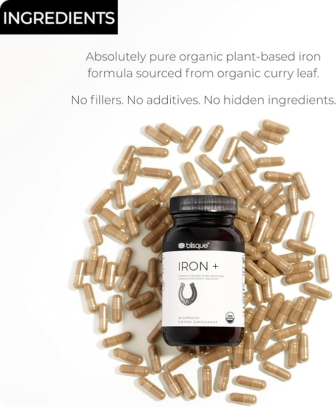 Blisque - Organic Plant-Based Iron Formula for Blood Health, Immune Support, and Energy | from Organic Curry Leaf Extract | 90 Capsules