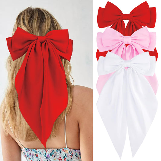 VELSCRUN Hair Clip - 3Pcs Silky Satin Hair Bows for Women in Red, Pink, White - Big Bow Hair Clips with Long Tail - Hair Accessories for Girls - Ideal for Special Occasions - 3 Count