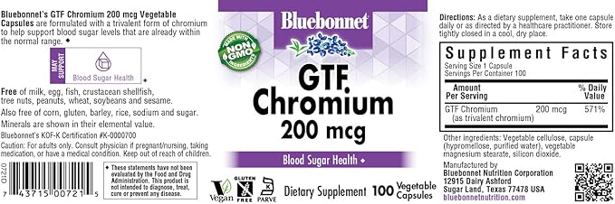 Bluebonnet Nutrition GTF Chromium 200 mcg, Soy-Free, Gluten-Free, Non-GMO, Kosher Certified, Dairy-Free, Vegan, 100 Vegetable Capsules