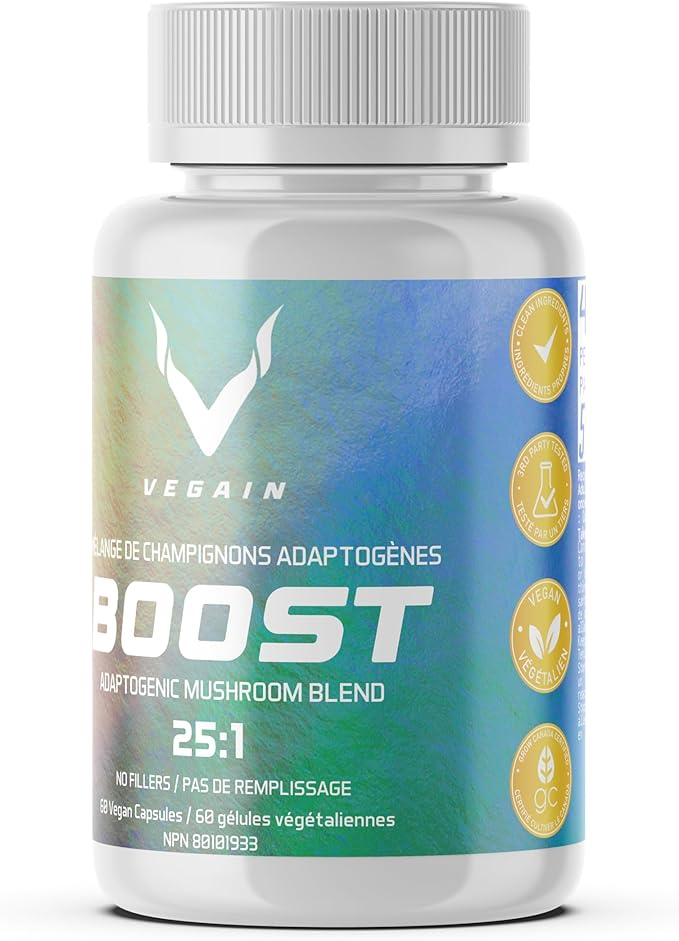 Boost Adaptogenic Mushroom Blend | 60 Servings, High Potency 25:1 Extract | Maitake, Shiitake, Reishi, Cordyceps, Lion's Mane - Supports Stress Reduction, Enhanced Endurance & Energy - 60 Vegan Caps