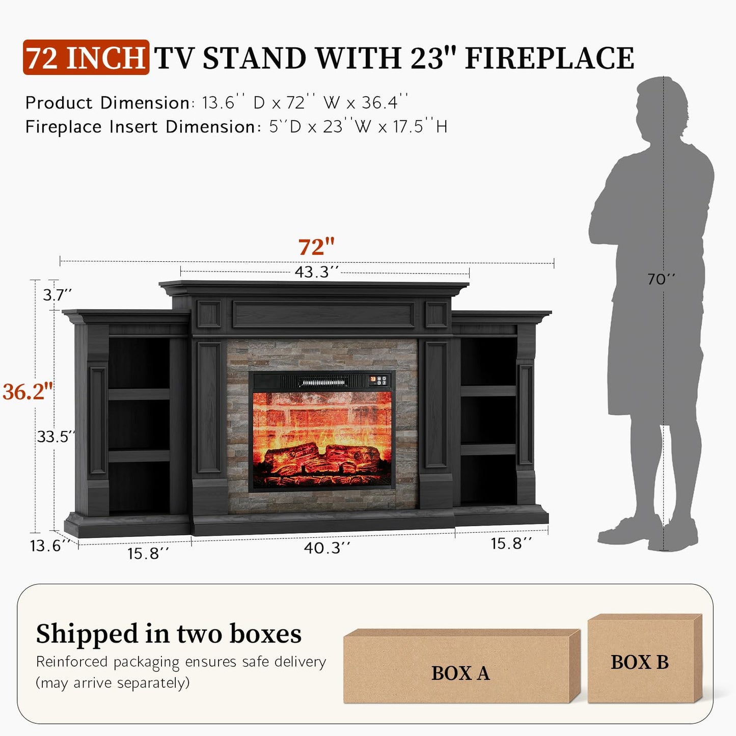 LGHM 72" Fireplace TV Stand for TVs Up to 80 Inch, Electric Fireplace with Mantel, Modern Entertainment Center with Storage, Realistic 3D Flame Effect and Stacked Stone Surround Design for Living Room