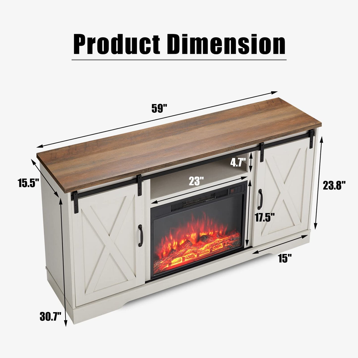 AMERLIFE Fireplace TV Stand with Sliding Barn Door for TVs up to 65", Farmhouse 59" Fireplace Entertainment Center with Storage Cabinets/Adjustable Shelves, Distressed White & Barnwood