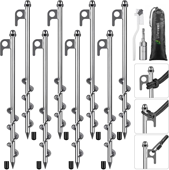 12 Inch Ground Anchors, 8 Pcs Heavy Duty Tent Stakes, Easy to Install and Reusable, for Camping Tents, Trampolines, Sheds, Swing Sets, Securing Animals