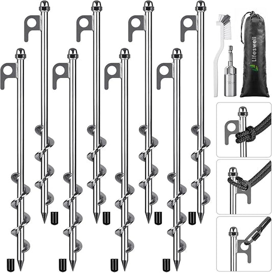 12 Inch Ground Anchors, 8 Pcs Heavy Duty Tent Stakes, Easy to Install and Reusable, for Camping Tents, Trampolines, Sheds, Swing Sets, Securing Animals