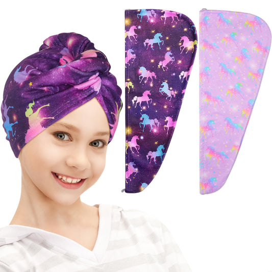 FIOBEE Microfiber Hair Towel Wrap for Kid Rapid Drying Towel Absorbent Hair Turbans for Wet Hair with Button Women Girls Long Curly Hair Pack of 2, Deep Purple Unicorn