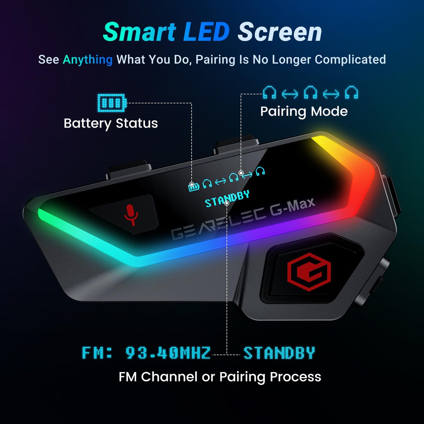 gearelec Motorcycle Helmet Bluetooth Headset V5.2BT【HiFi Stereo Sound】【Screen and RGB Lights】 80Mph Clear Calls Helmet Communication Systems 2000M 6 Riders Intercomunicador para Casco De Moto 2 Pack