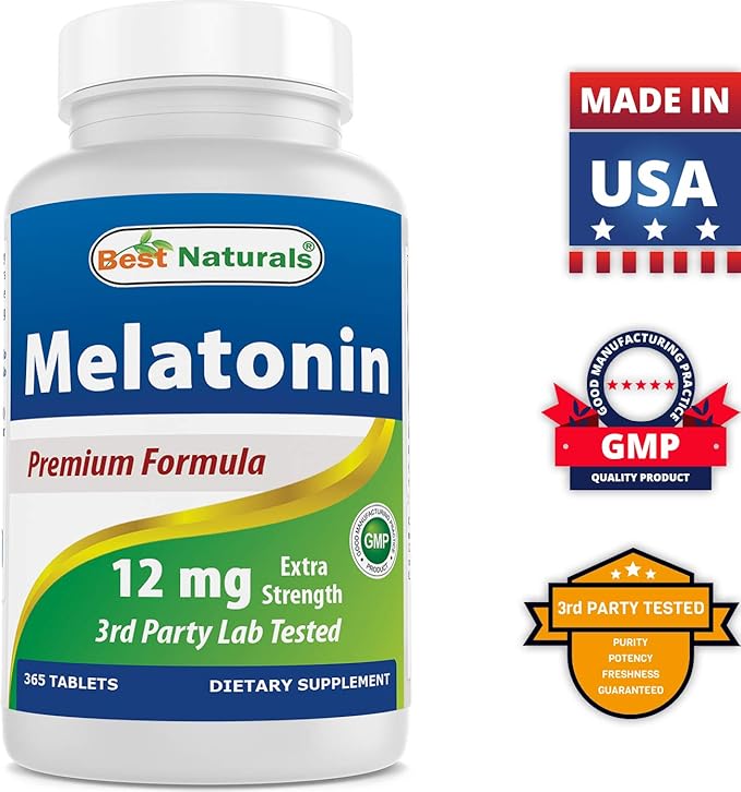 Best Naturals Melatonin 12 mg (1 Year Supply) - Drug-Free Nighttime Sleep Aid - Melatonin for Sleep and Relaxation, 365 Count (365 Count (Pack of 1))