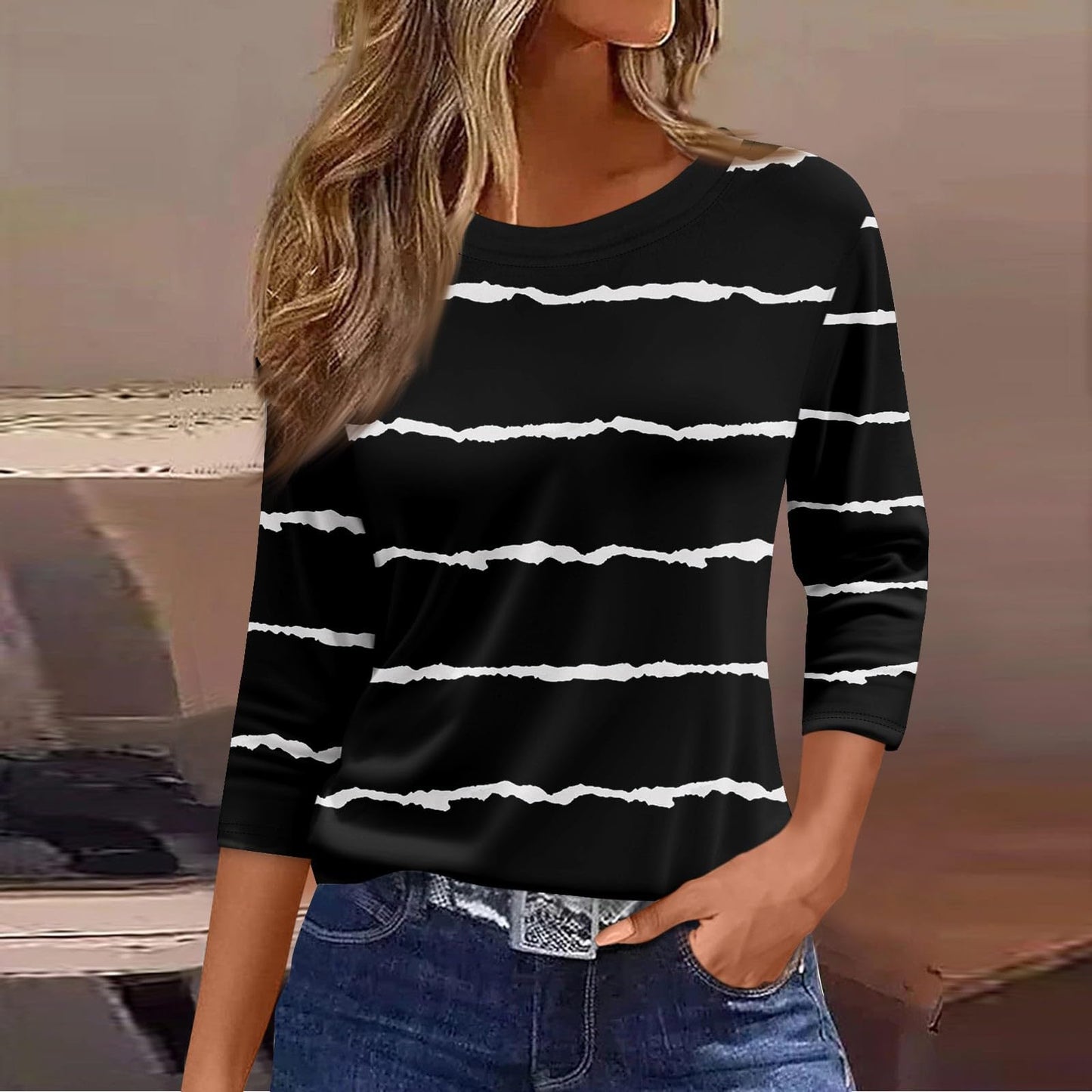 Black Tshirts Shirts for Women Crewneck 3/4 Sleeve Business Casual Tops for Women Striped Print Tees Summer Blouses Women'S Tops Dressy Casual Spring M