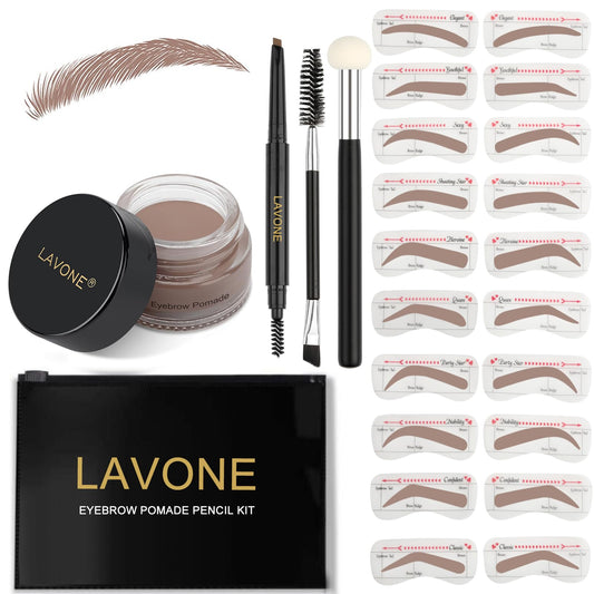LAVONE Eyebrow Stamp Stencil Kit - Brow Stamp Trio with Waterproof Pencil, Pomade, 20 Stencils, Dual-ended Brush and Sponge Applicator - Ash Blonde