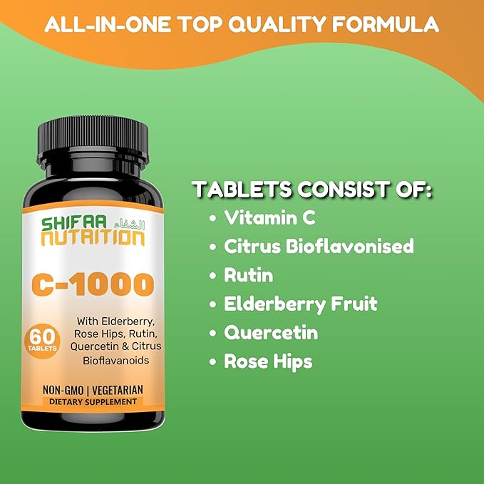 Halal Vitamin C-1000mg Tablets, 60 Days Supply. Immune Support Supplement with Vitamin C, Elderberry, Quercetin, Rose HIPS & Rutin. Vegetarian, Non-GMO, Sugar Free & Keto Friendly