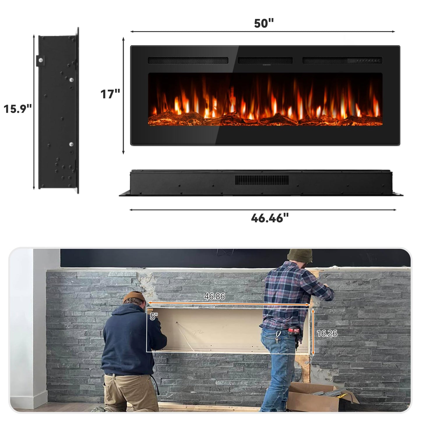 Manastin 50" Ultra-Thin Electric Fireplace Recessed and Wall Mounted with Remote Control, 12 Adjustable Color Fireplace Heater(60-99°F Thermostat), Low Noise, Timer, Child Lock