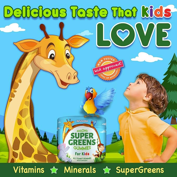 Infusions Super Green Gummies for Kids 90 Count Superfood Booster Soft and Delicious 8 Powerful Blends Vegan Friendly Gluten Free & Non-GMO