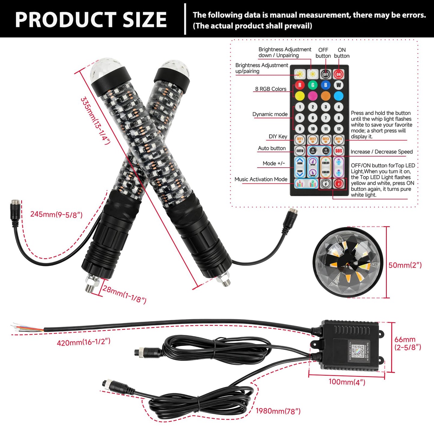 DEERMOTO 2PCS 1FT Fat Whip Light with Warning Light Spiral RGB LED Whip Lights with APP&Remote Control,Chasing Lighted Antenna Whips for UTV ATV Can-Am X3 RZR Can-Am Polaris Buggy Jeep Offroad (1ft)