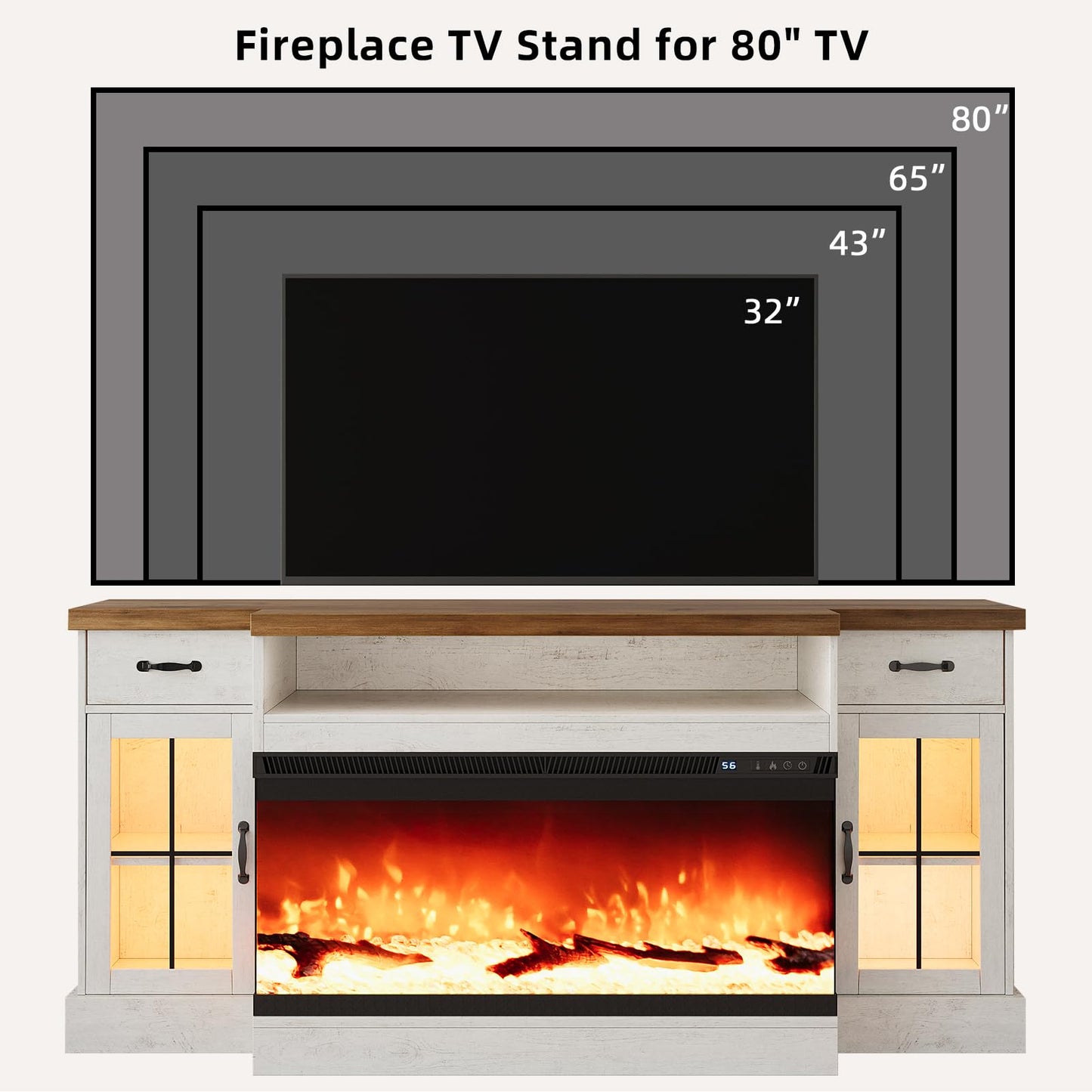 4 EVER WINNER Fireplace TV Stand with 40" Electric Fireplace for 80" TV, 70" Entertainment Center with Adjustable Storage Cabinets, 2 Drawers, TV Consoles for Living Room, White