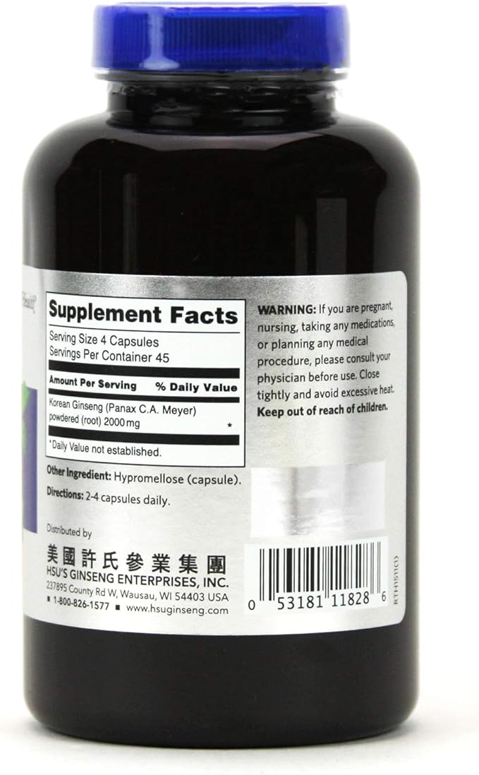 HSU’s Korean Ginseng SKU 1511 | Korean Ginseng Capsules 180 ct | Cultivated Wisconsin Korean Ginseng Direct from Hsu's Ginseng Gardens | 许氏高麗参膠囊 180 粒 | 500 mg 180 ct Capsules Bottle