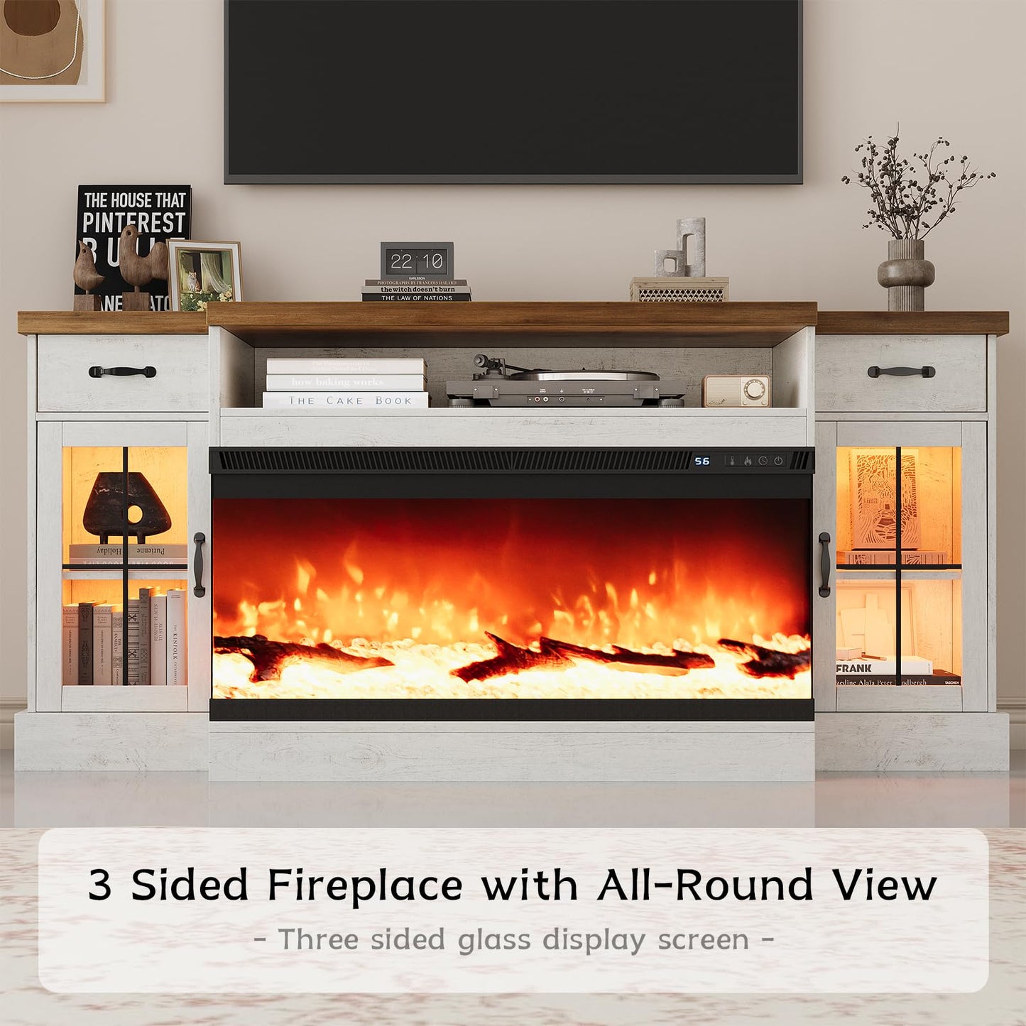 4 EVER WINNER Fireplace TV Stand with 40" Electric Fireplace for 80" TV, 70" Entertainment Center with Adjustable Storage Cabinets, 2 Drawers, TV Consoles for Living Room, White