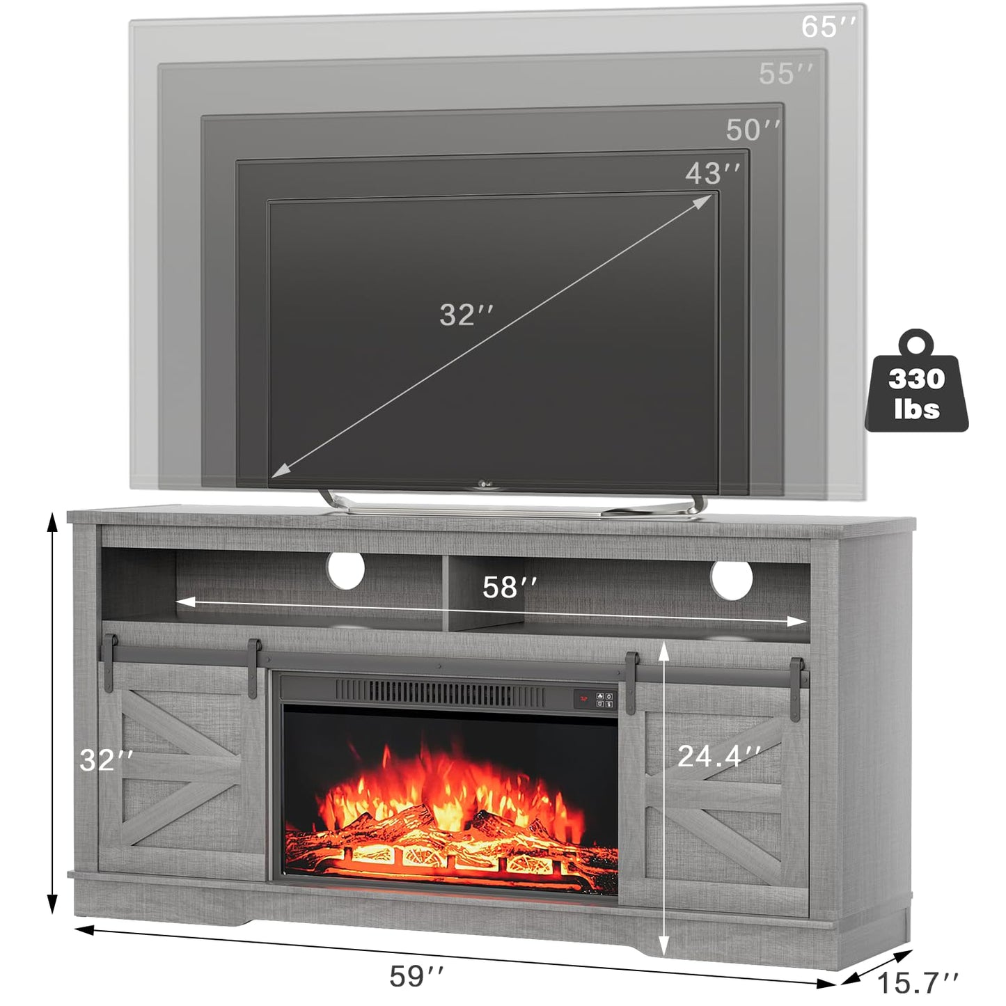 YESHOMY Fireplace TV Stand for Television up to 65+ Inch with Storage and Farmhouse Sliding Barn Doors, Entertainment Center with Cabinet and Shelves, Media Console for Living Room, Gray