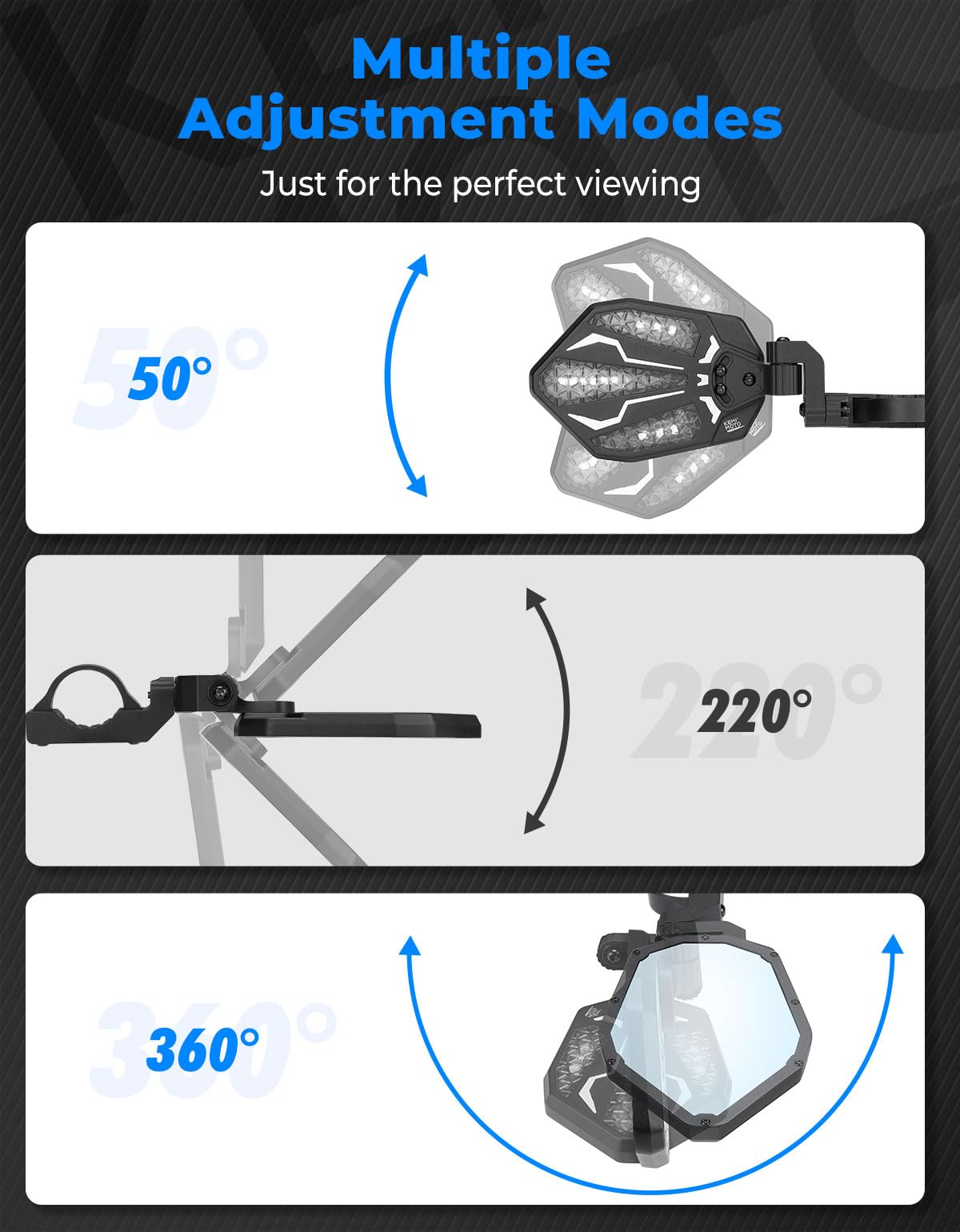 KEMIMOTO UTV Lighted Side Mirrors, RGB Aluminium UTV Mirror with 29 Color Modes for 1.6"-2" Roll Bar Compatible with Can-Am Maverick X3, Polaris RZR, Pioneer, Talon, Teryx, Mule, CFMOTO Rear View