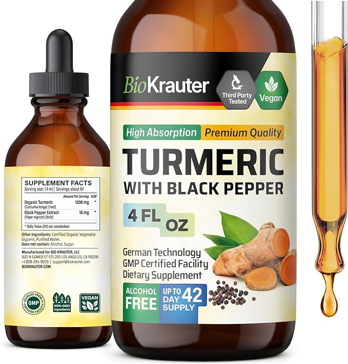 BIO KRAUTER Turmeric Supplement Tincture - 1200 mg Turmeric Curcumin with Black Pepper Extract - Alcohol and Sugar Free - Vegan Drops 4 Fl.Oz.