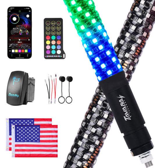 Tavaray 2PCS 3FT Fat Whip Lights – Spiral RGB Chasing Lighted Antenna Whips with Flag, Whip Lights for Side by Side UTV ATV RZR Can-Am X3, with App/Remote Control, Turn Signal & Rocker Switch