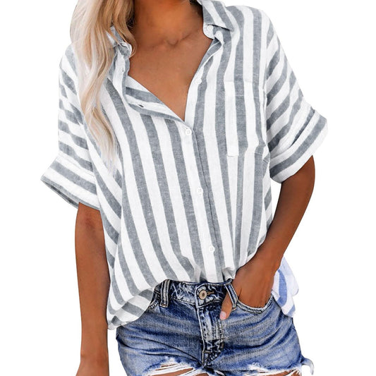 FOCLMP Women Striped Button Down Shirts Cotton Linen Blouse Tops Short Sleeve Collar Guaze Shirt Trendy Vacation Work Clothes Shirts for Women Plus Sized Gray L