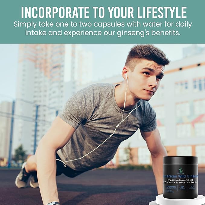 Holistic Bin Wild American Ginseng Capsules Pure Organic Ginseng Supplement Made with Wild Harvested 20+ Year Old Roots from Appalachia (Panax Quinquefolius) | No Fillers (40 Capsules)