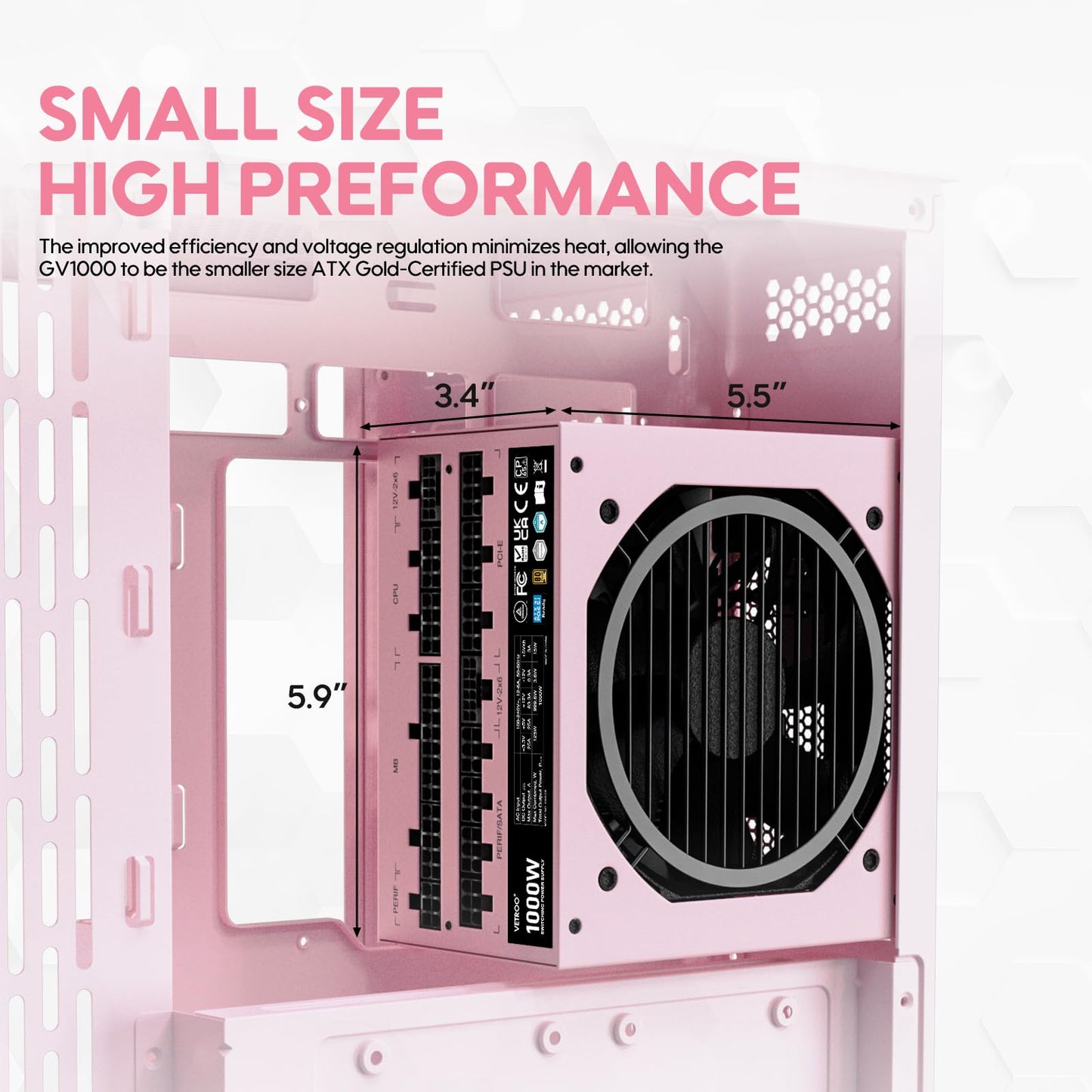 Vetroo 1000W Pink Power Supply ATX 3.1 Ready Dual PCIe 5.1, 80 Plus Gold Full Modular, Eco Mode with 120mm FDB Fan, Compact Size, 10 Year Warranty for Gaming PC