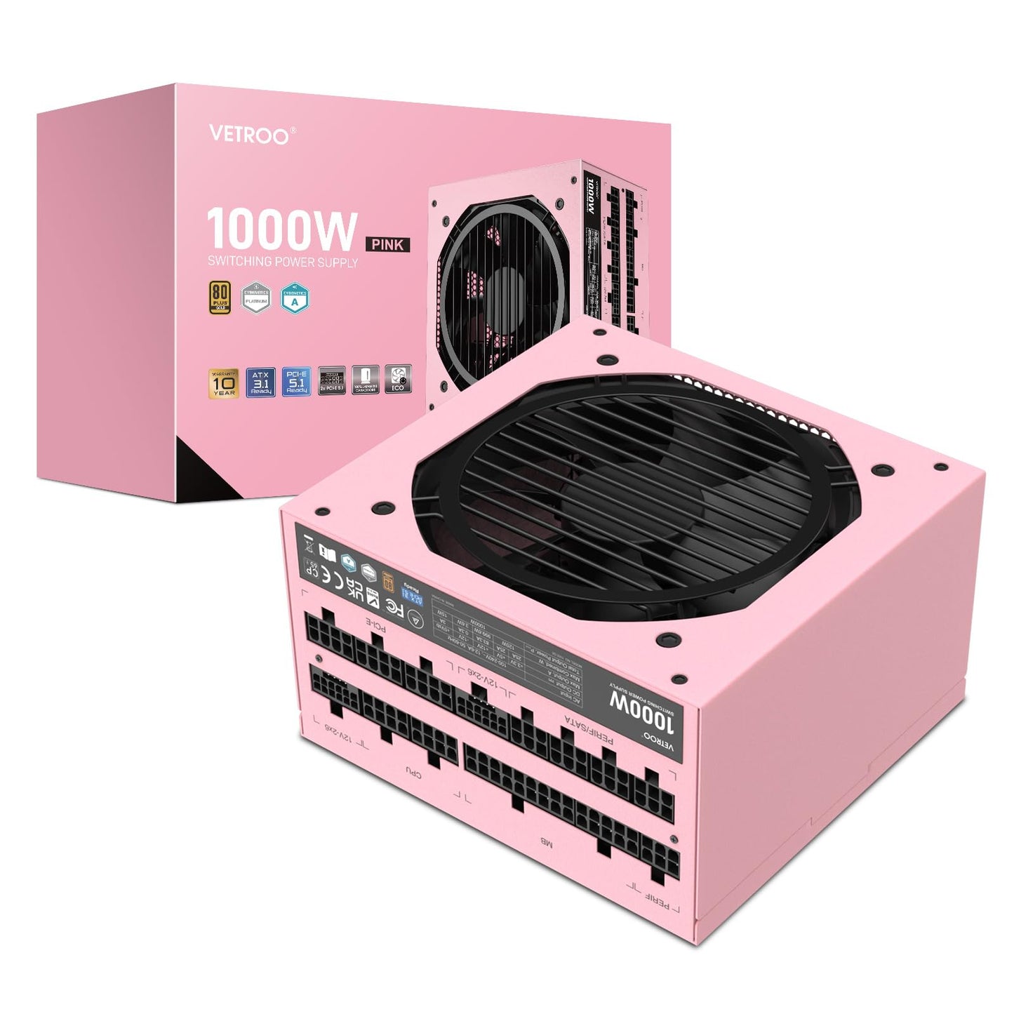 Vetroo 1000W Pink Power Supply ATX 3.1 Ready Dual PCIe 5.1, 80 Plus Gold Full Modular, Eco Mode with 120mm FDB Fan, Compact Size, 10 Year Warranty for Gaming PC